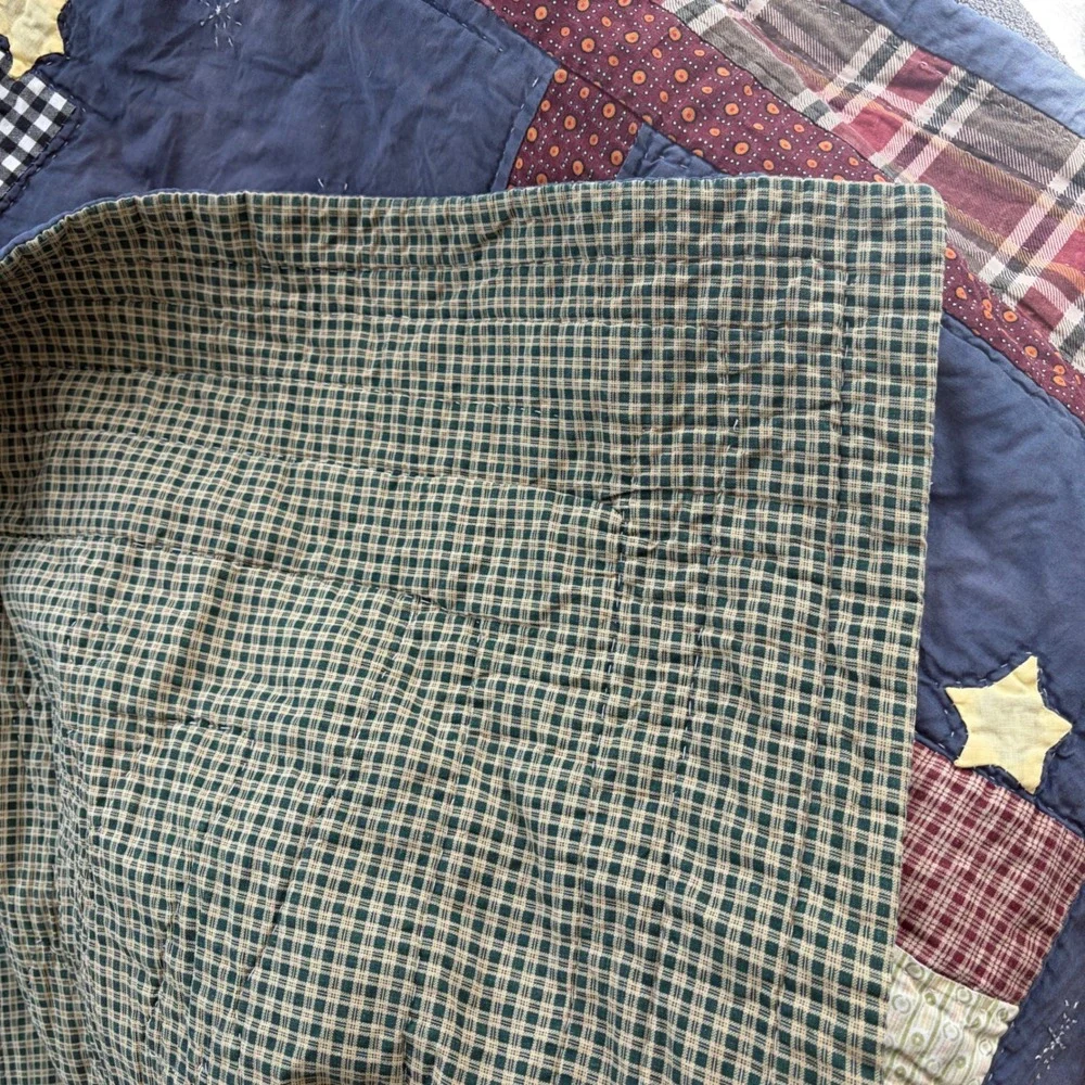 Vintage Primitive Snowman Quilt Throw Blue Plaid Rustic Farmhouse Holiday 60x48
